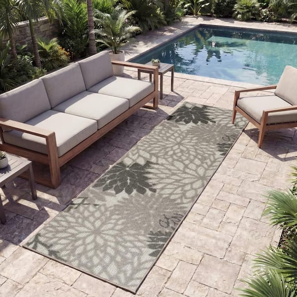 Aloha Gray 2 ft. x 10 ft. Kitchen Runner Floral Modern Indoor/Outdoor Patio Area Rug