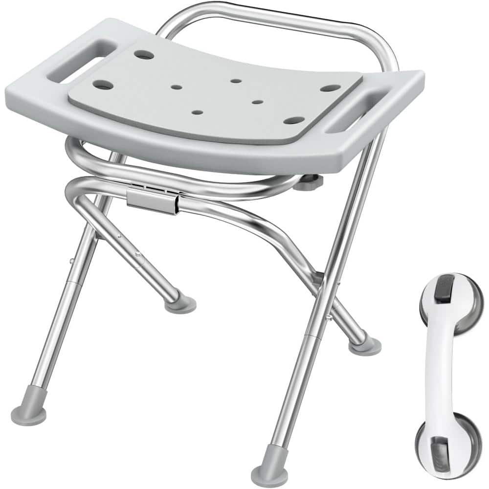 17.3 in. Stainless Steel Folding Shower Chair Seat with Pad and Assist Grab