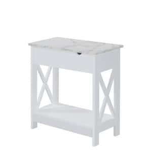 Oxford 23.75 in. W White Faux Marble/White Rectangle Particle Board Flip Top End Table with Charging Station and Shelf