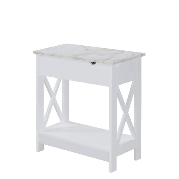 Convenience Concepts Oxford 23.75 in. W White Faux Marble/White Rectangle Particle Board Flip Top End Table with Charging Station and Shelf