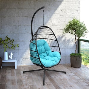 Black Steel Wicker Hanging Basket Outdoor Swing Chair with Aqua Cushion and Stand