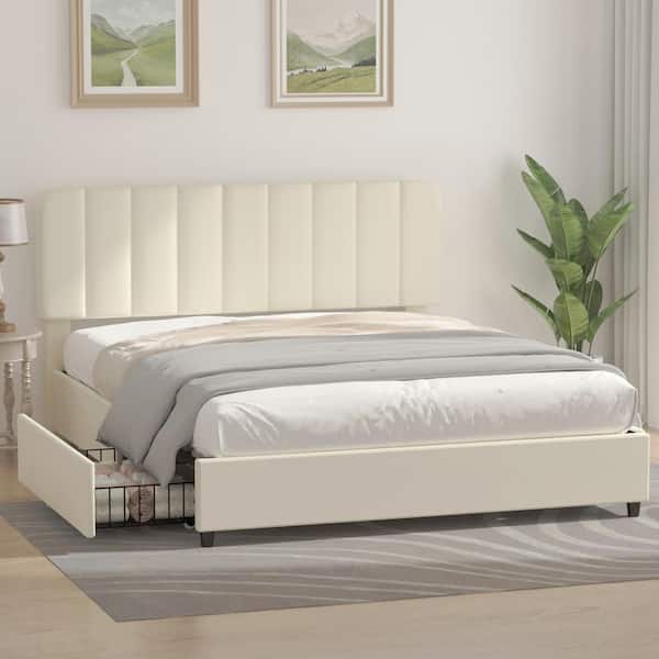 VECELO Upholstered Beige Metal Frame Queen Size Platform Bed Frame with 4 Storage Drawers and Headboard Wooden Slats Support