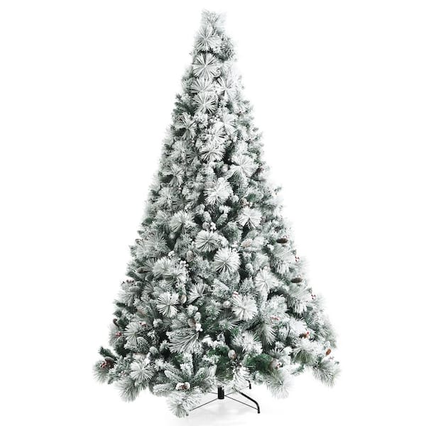 ANGELES HOME 8 ft. Green Snow Flocked Artificial Christmas Tree with Pine Cone and Red Berries