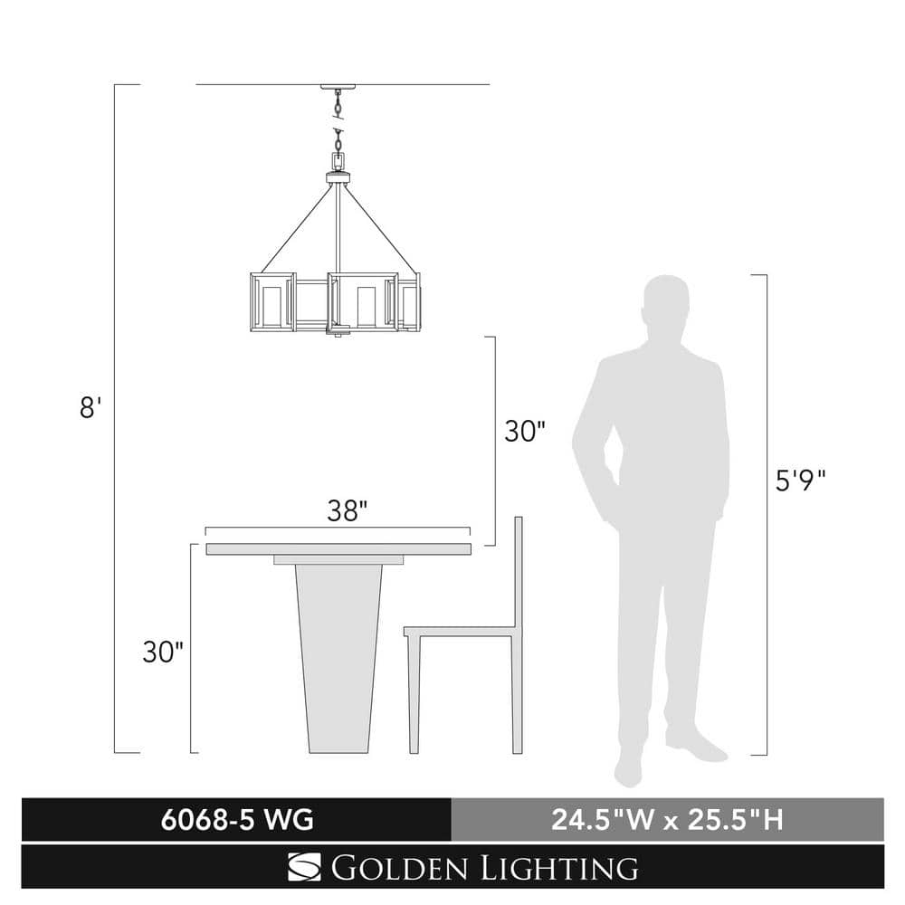 Elegant White Gold 5-Light Chandelier with Clear Glass Cylinders