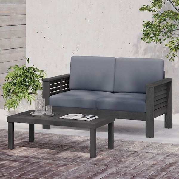 2-Piece Dark Gray Acacia Wood Patio Conversation Set Outdoor Loveseat and Coffee Table Set with Gray Cushions