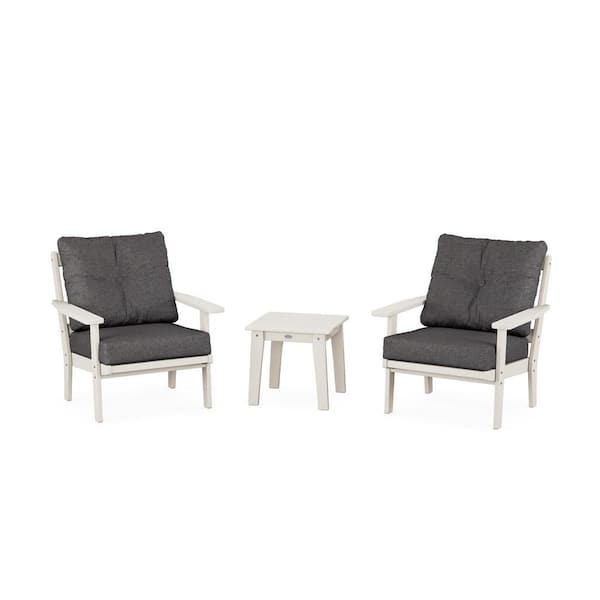 POLYWOOD Oxford 3-Pcs Plastic Patio Conversation Set in Sand/Ash Charcoal Cushions