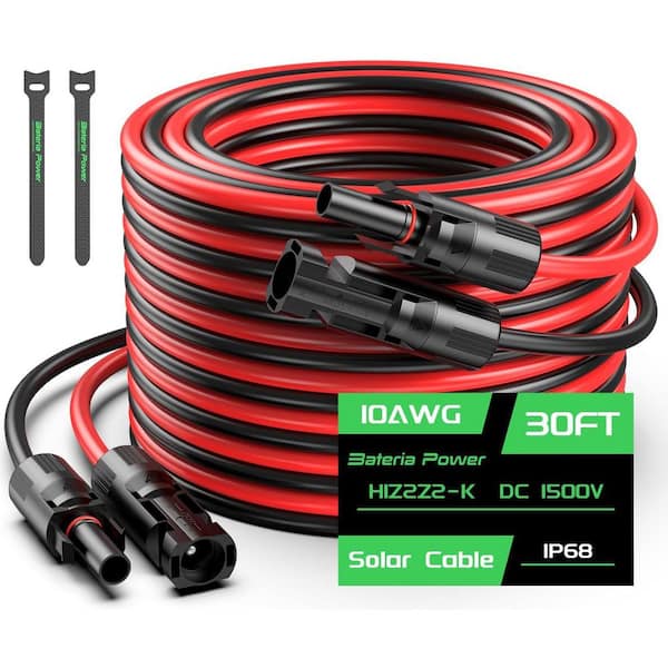 Vrbgify 30 ft. 10AWG Solar Extension Cable Wire with Female and Male Waterproof Connectors for RV