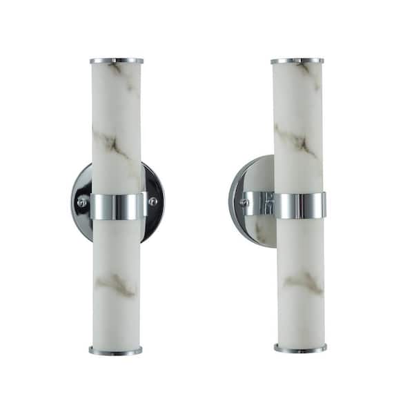 2-Light LED Wall Sconce with Simulated Marble Texture and Chrome Fixture Set of 2