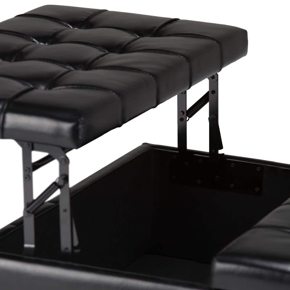 Midnight Black Tufted Faux Leather 36" Square Storage Ottoman