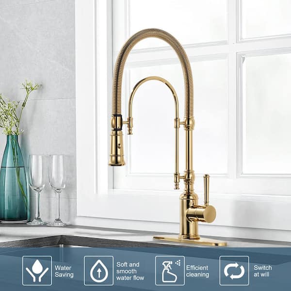 2-Functions Single Handle Gooseneck Pull Down Sprayer Kitchen Faucet with Spring Tube in Solid Brass Brushed Gold