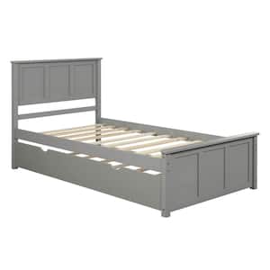 Gray Solid Wood Twin Size Bed Frame with Trundle, Kids Platform Twin Bed with Pull Out Trundle, No Box Spring Needed