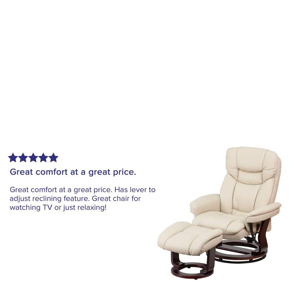 Beige Faux Leather Swivel Recliner with Mahogany Wood Base and Ottoman