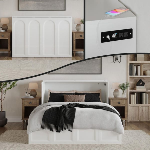Athena White Wood Frame Queen Murphy Bed Chest with 6 in. Mattress Storage Drawer and Built-in Charger