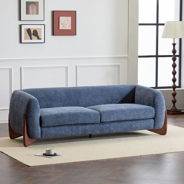 CHRISTOPHER KNIGHT HOME Nisant Modern 82 in. Round Arm Boucle Fabric Upholstered Rectangle Sofa in. Navy Blue + Brown, Solid Wood Frame