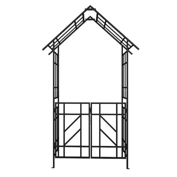 97 in. H Metal Garden Arch with Gate, Climbing Plants Support Rose Trellis Outdoor in Black