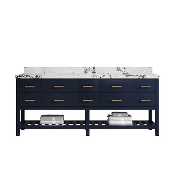 Willow Collections Parker 84 in. Double Sink Freestanding Navy Blue Bath Vanity with Regular Viola Night Qt. Top Unassembled