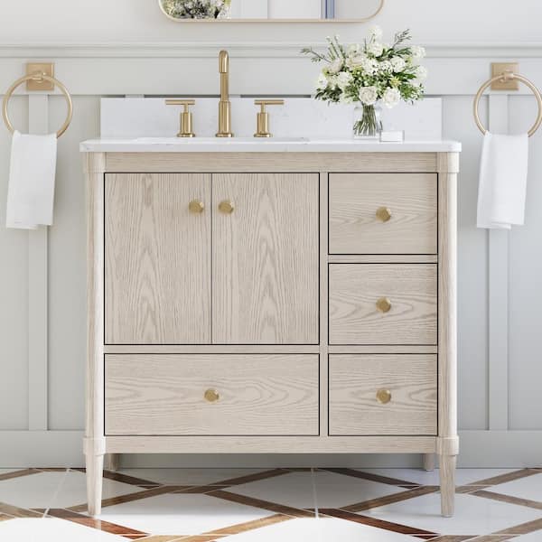 36 in. Oak Solid Wood CUPC Certified Single Sink Bath Vanity with Carrara White Quartz Top, Soft-Close, Assembled