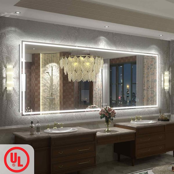 96in.W x36in.H Rectangular Frameless UL Certified Front and Back LED Anti-Fog Tempered Glass Wall Bathroom Vanity Mirror