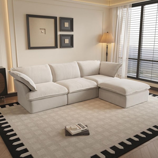 122.82 in Wide Flared Arm Linen L Shaped Sofa with Storage Ottoman, Removable Covers in Beige