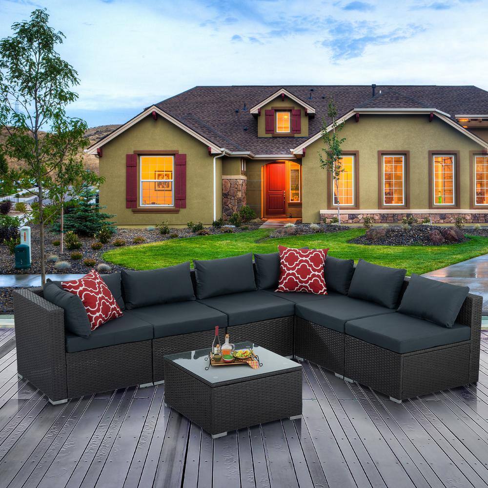 Runesay Modern 7-Piece Black Wicker Patio Conversation Set with Gray ...