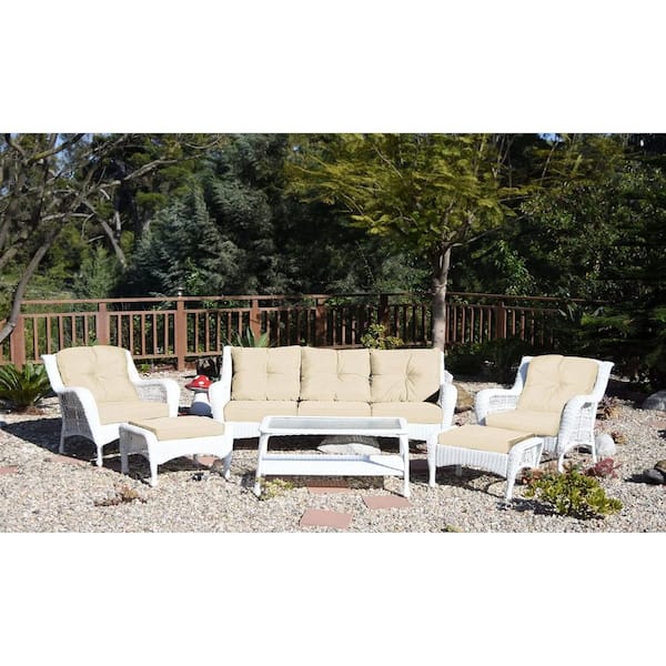 HOME IMPORTS EMPORIUM White 6-Piece Wicker Patio Conversation Set with Blue Cushions, Outdoor Patio Set with Coffee Table and Ottoman