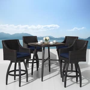 Deco 5-Piece Wicker Square Outdoor Bar Height Dining Set with Sunbrella Navy Blue Cushions