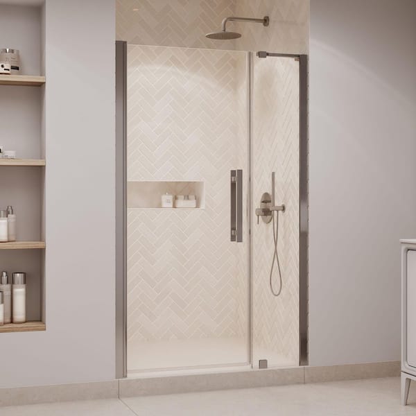 Pasadena 45 7/16 in. to 47 3/8 in. W x 72 in. H Pivot Alcove Frameless Shower Door in Satin Nickel