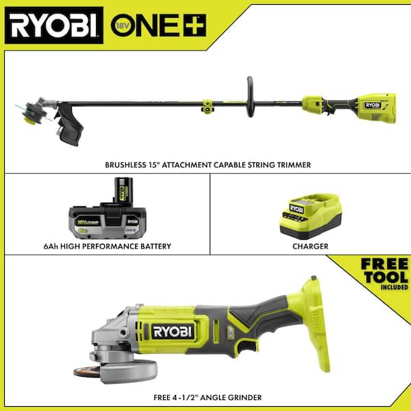 ONE+ HP 18V Brushless 15" Attachment Capable String Trimmer w/ 6.0 Ah Battery, Charger, & FREE ONE+ 4-1/2" Angle Grinder