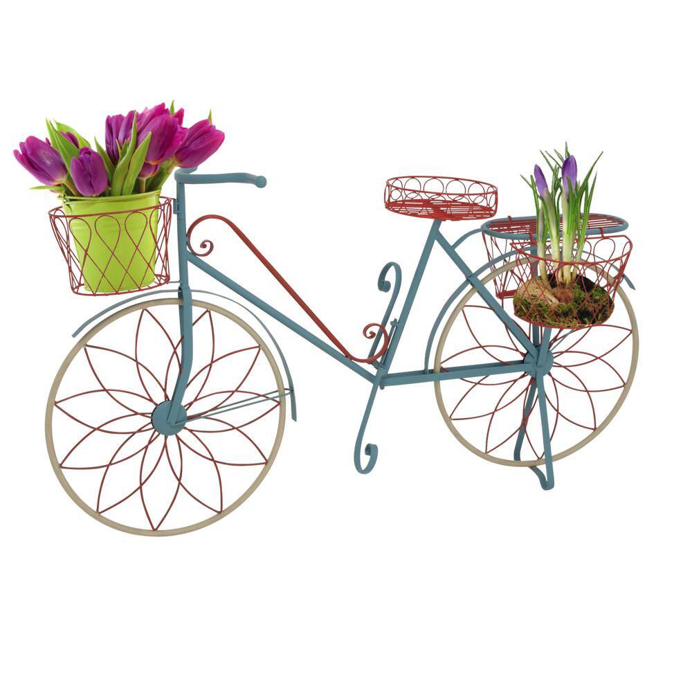 Vintage Blue and Red Metal Bicycle Plant Stand with Baskets