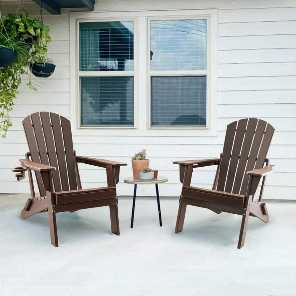 Upland HDPE Folding Adirondack Chair with Cup Holder, Weather-Resistant Low Maintenance, Supports up to 400 lbs. Coffee, 2 Pack YYFAC-CF2 - The Home Depot