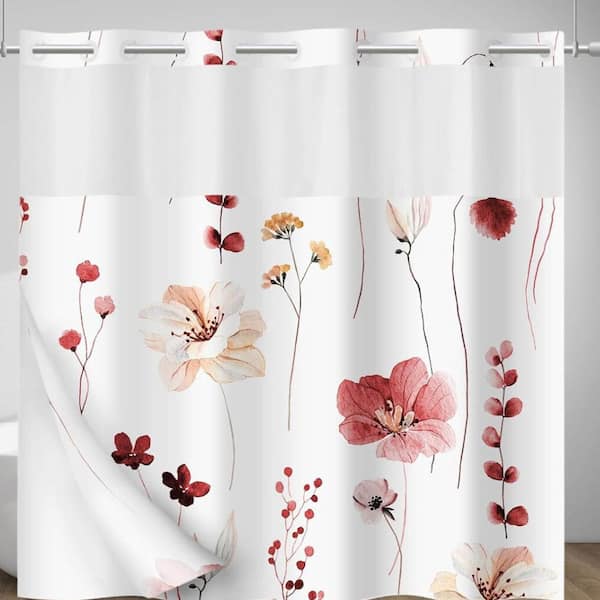 Floral No-Hook Shower Curtain with Snap-In Liner,Red