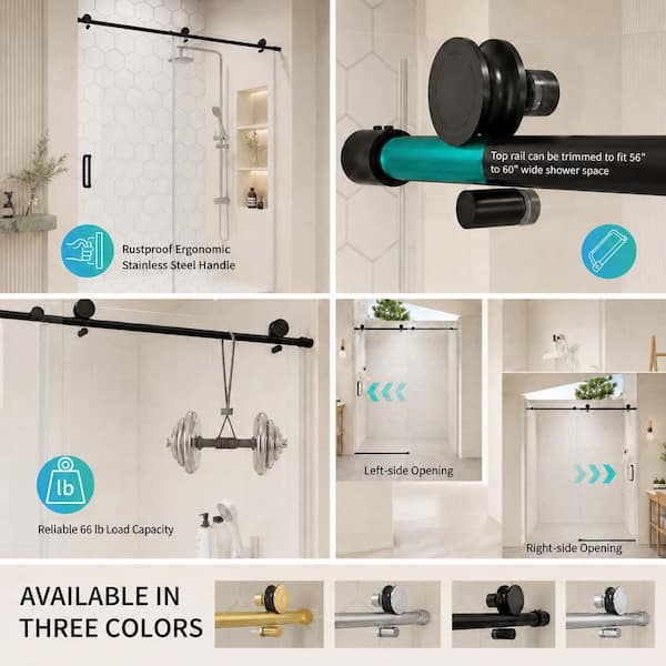 56-60 in. W x 76 in. H Single Sliding Frameless Shower Door in Matte Black Finish with 1/4 in. (6 mm) Tempered Glass