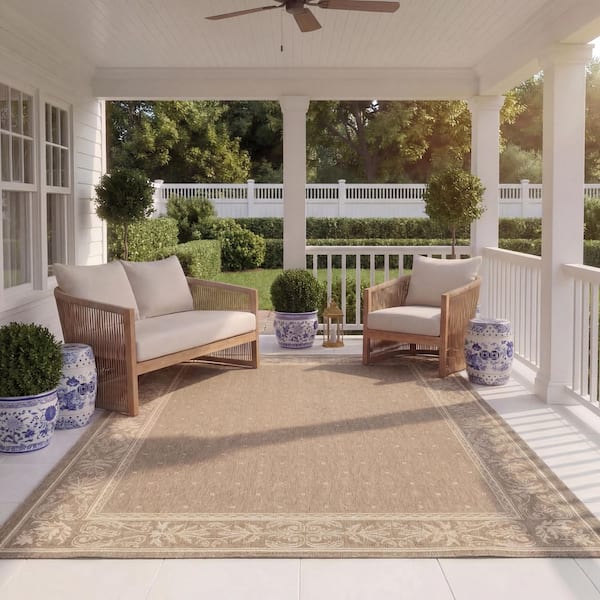 Courtyard Brown/Natural 9 ft. x 12 ft. Border Indoor/Outdoor Patio  Area Rug