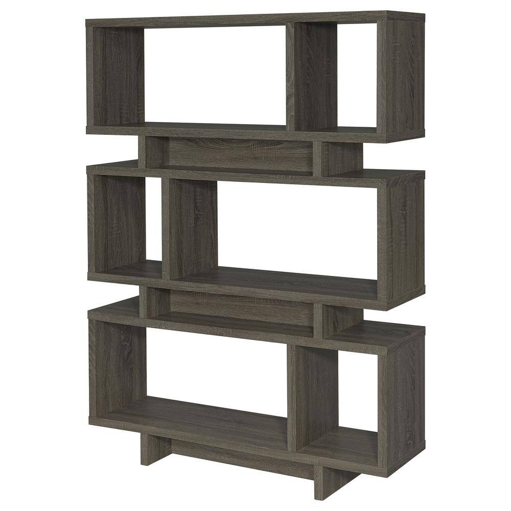 Transitional Weathered Gray Wood Bookcase with Artful Cubes