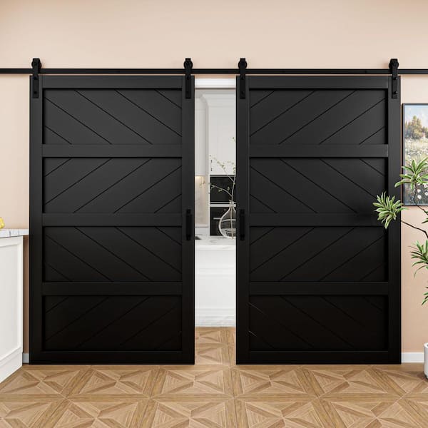 96 in. x 84 in. Black Finished 4-Lite Wave Pattern Style MDF Sliding Barn Door with Hardware Kit and Soft Close