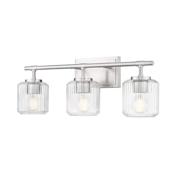 Landon 24 in. 3 Light Brushed Nickel Vanity Light with Clear Ribbed Glass Shades