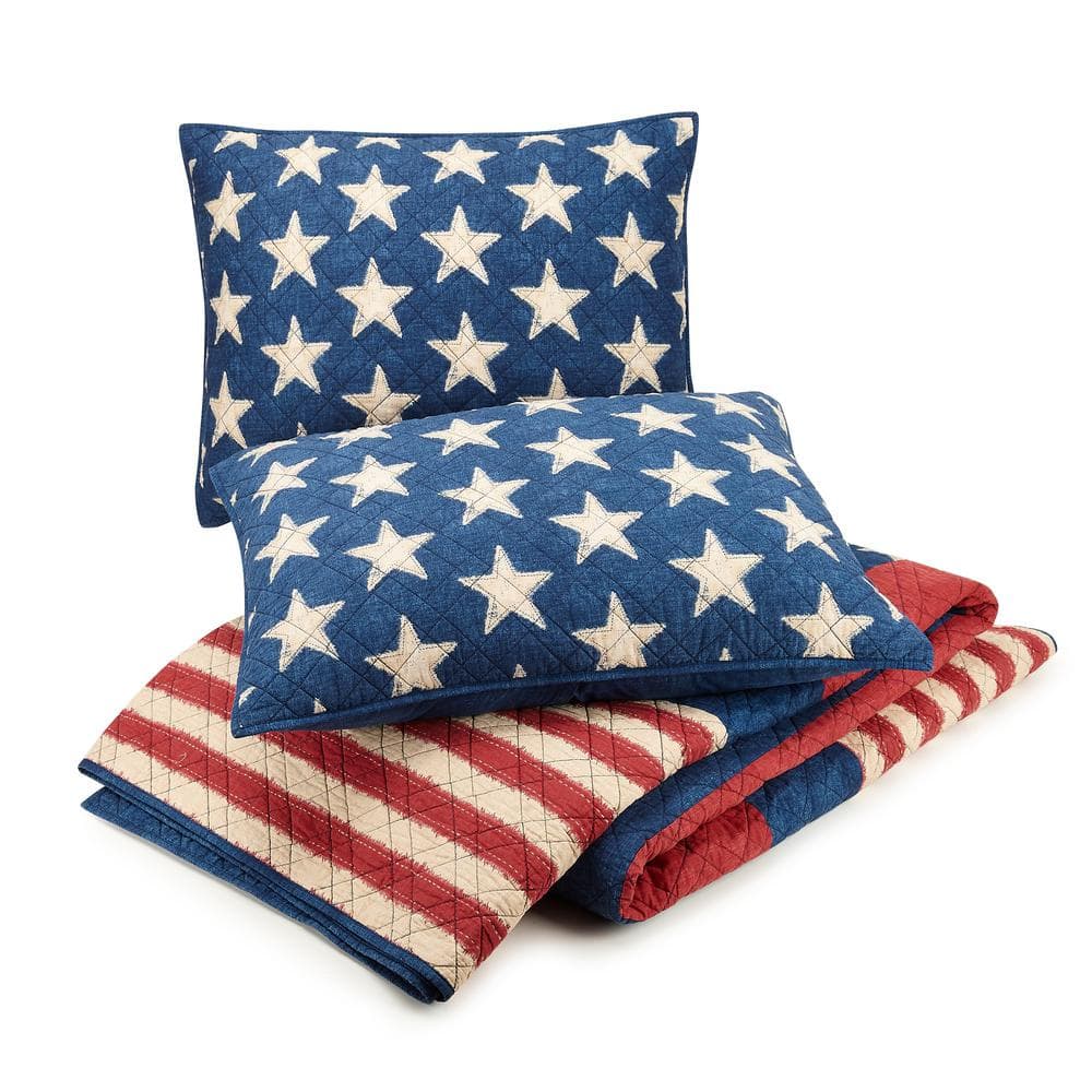 Classic Americana Patchwork King Cotton Quilt Set with Reversible Blue Denim
