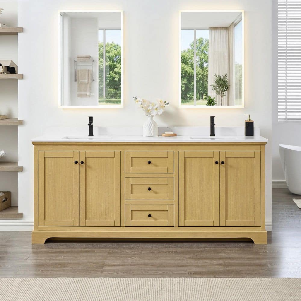 Avery 80 in. Double Freestanding Honey Oak Bath Vanity with White Cultured Marble Top price history on PriceWatchPro