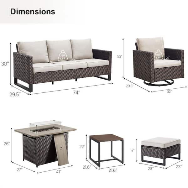 U-Frame 7-Piece Brown Wicker Fire Pit Conversation Set with Olefin Beige Cushions and Swivel Glider Chairs/Couch