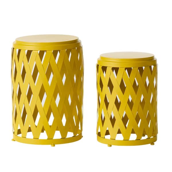 Noble House Selen Matte Yellow Cylinder Metal Outdoor Patio Side Table (Set of 2)