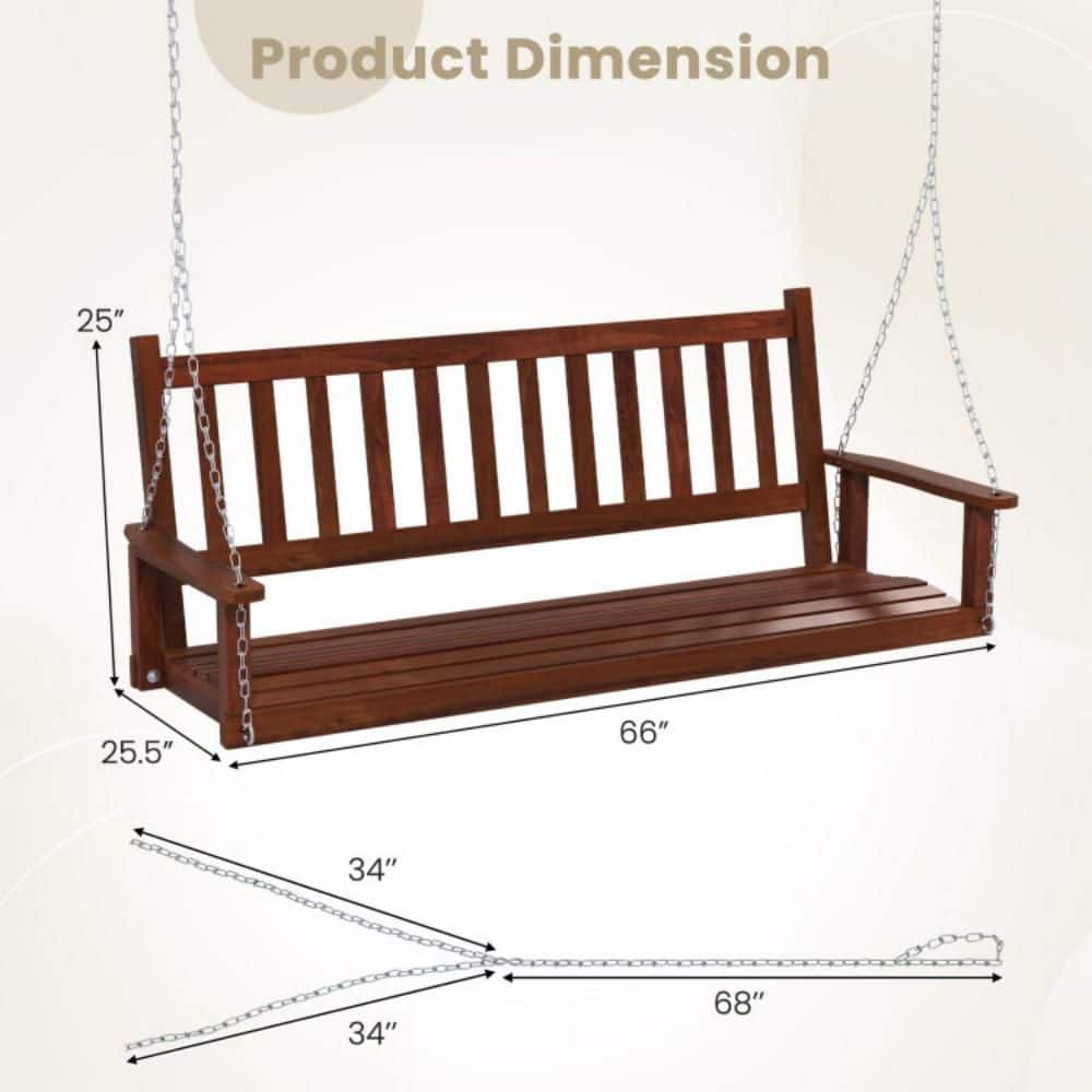 Brown Poplar Wood 3-Person Outdoor Porch Swing with Metal Chains