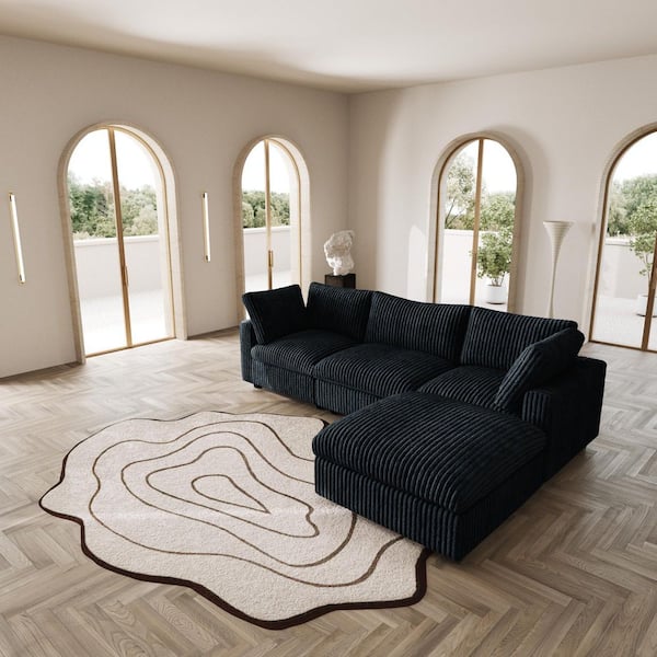 118.1 in. Rabbit Plush Fabric Square Arm 4-Piece Modular Free Combination Sectional Sofa in Black