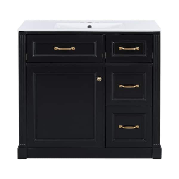 36 in. Single Sink Freestanding Black Bath Vanity with White Ceramic Sink Top, Storage Vanity with Soft-Close Door