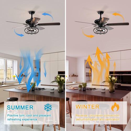 52 in. Smart Indoor/Outdoor Matte Black Ceiling Fan with Remote Control and 5 Blades Reversible Quiet Low Profile Fan Ceiling Fans