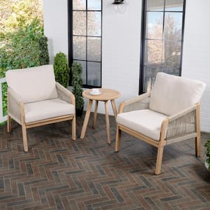 Aveiro 3-Piece Modern Bohemian Roped Acacia Wood Conversation Outdoor Patio Set, Beige/Light Teak Cushions