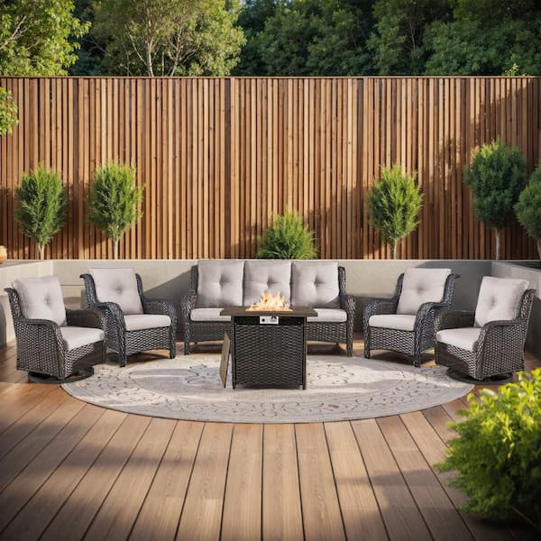 moosprr 6-Piece Brown Wicker Fire Pit Conversation Set with Olefin Beige Cushions and 2-Swivel Glider/2-Lounge Chairs and Couch