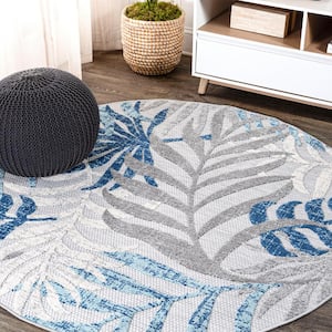 Tropics Gray/Blue 5 ft. Palm Leaves Round Indoor/Outdoor Area Rug