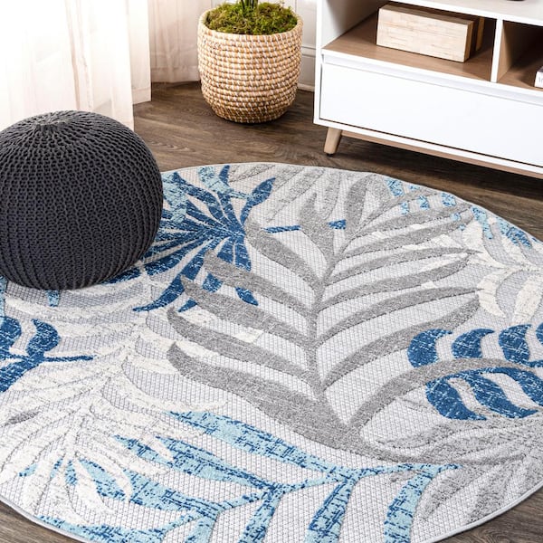 Tropics Palm Leaves Gray/Blue 5 ft. Round Indoor/Outdoor Area Rug