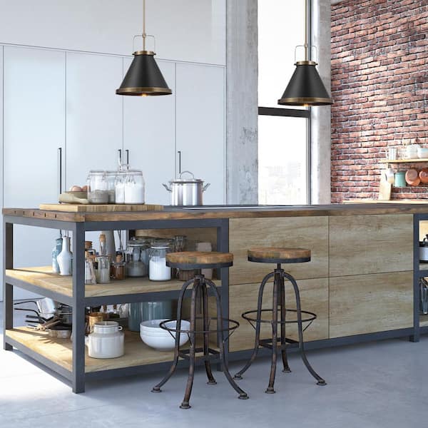 Sophia 1-Light Matte Black Shaded Pendant Light with Matte Brass Accents