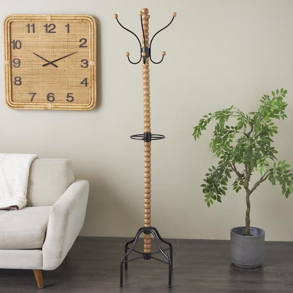Litton Lane Brown Wood Spindle 8 Hook Coat Rack with Black Metal Accents and Beaded Ends